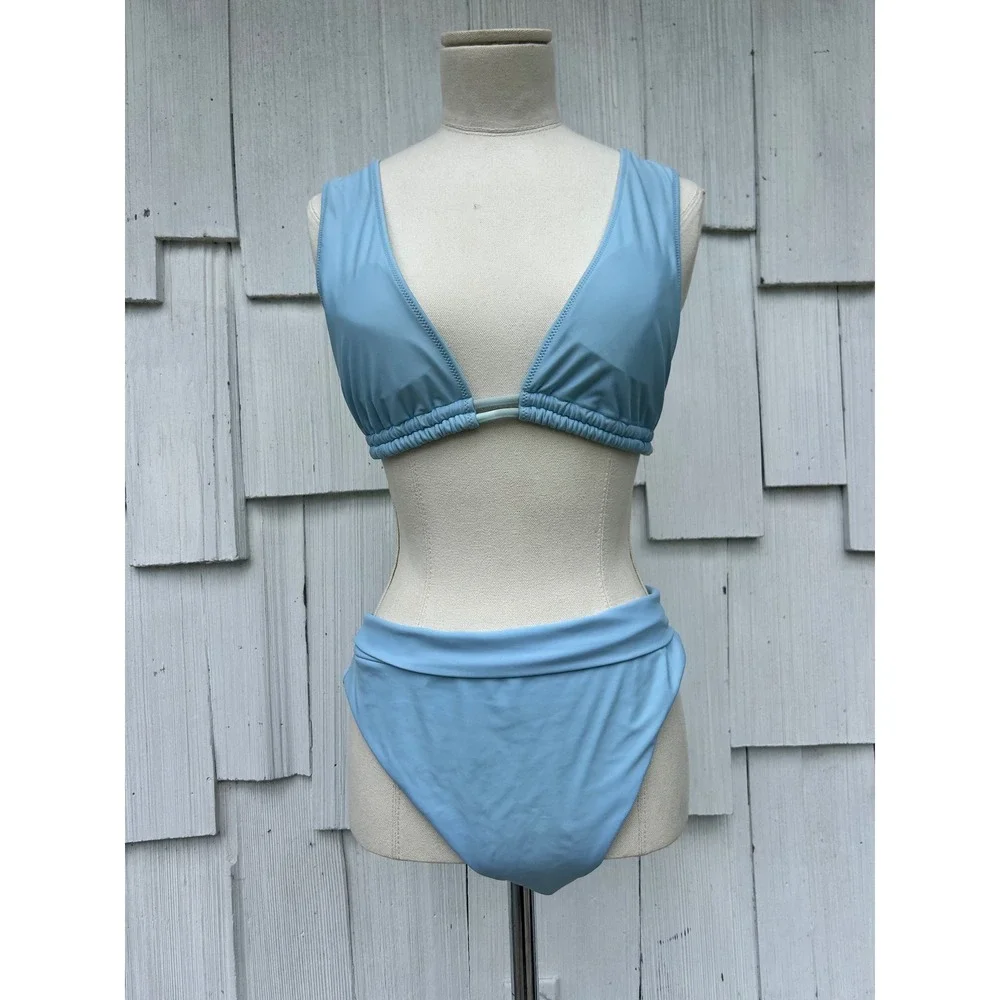 Aerie Real Good Light Blue Plunge Triangle Bikini Top S High Cut Cheeky Bottom L
